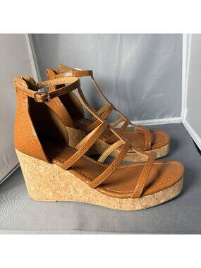 maurices Tan Faux Snake Skin Strappy Cork Wedge Platform Sandals Size 8.5